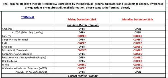 Terminal Holiday Schedule - Christmas 2022