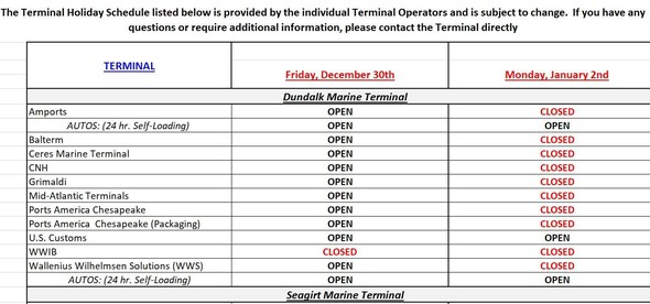 Terminal Holiday Schedule