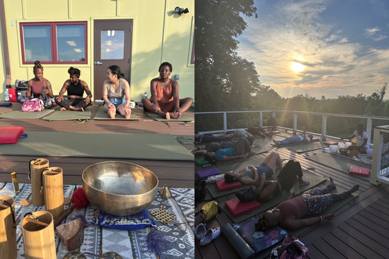 Attendees meditate at Masonville Cove