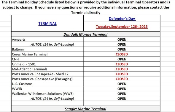 terminal holiday schedule