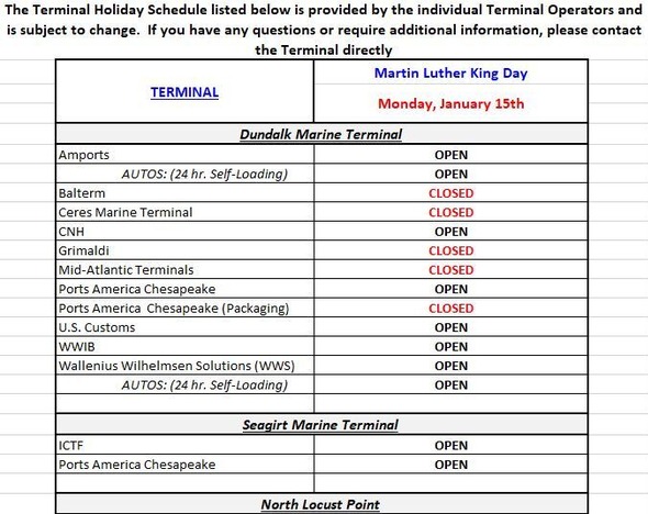 Terminal Holiday Schedule - Martin Luther King Day - Jan 15, 2024