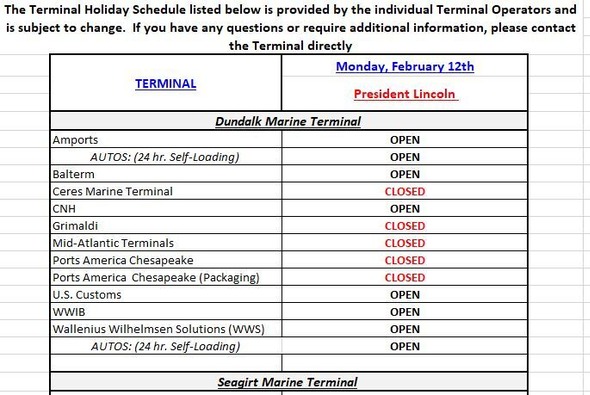 Terminal Holiday Schedule