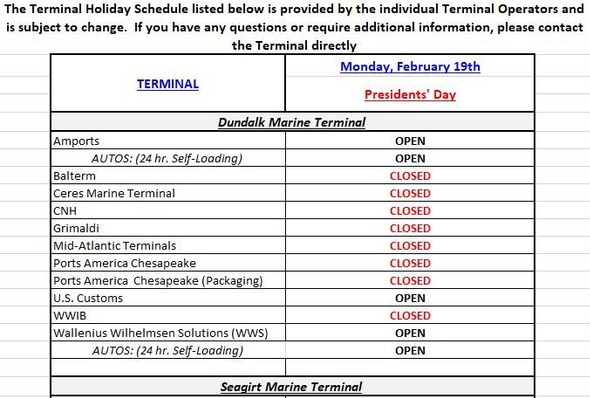 Terminal Holiday Schedule - Presidents Day 2024