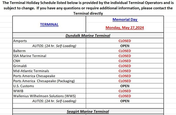 Terminal Holiday Schedule Memorial Day