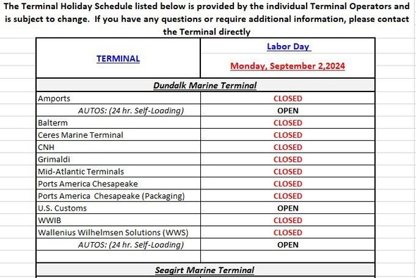 Terminal Holiday Schedule - Labor Day 2024