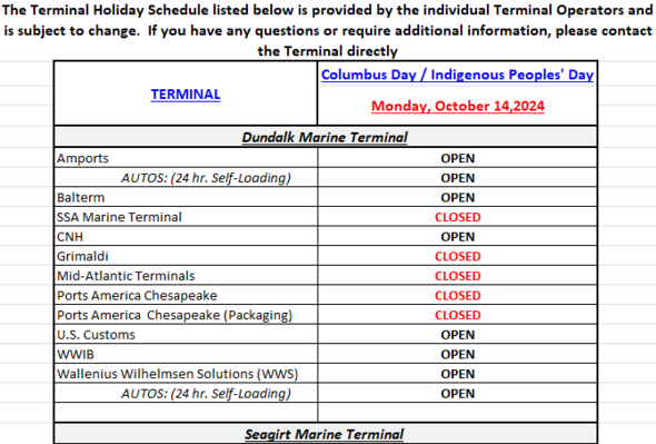 Terminal Holiday Schedule 10/14/24