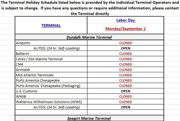 Terminal Holiday Schedule - Labor Day 2025