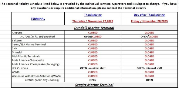 Terminal Holiday Schedule - Thanksgiving Day & The Day After Thanksgiving