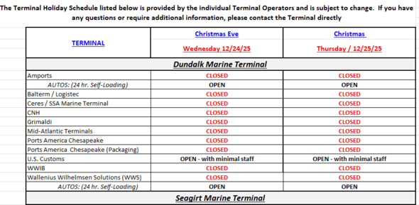 Terminal Holiday Schedule- Christmas Eve & Christmas Day 2025