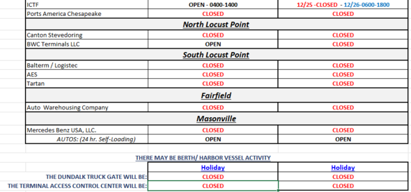 Terminal Holiday Schedule- Christmas Eve & Christmas Day 2025