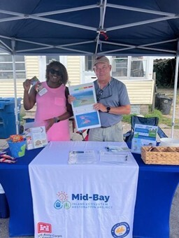 Image of two people standing at a table labeled "Mid-Bay"
