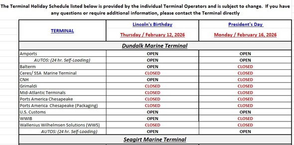 Terminal Holiday Schedule - Lincoln's Birthday and President's Day 2026