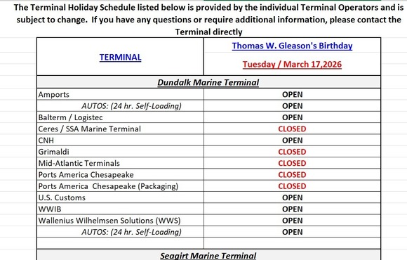 Terminal Holiday Schedule - Thomas W. Gleason's Birthday - 2026