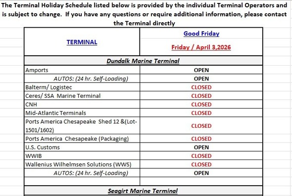 Terminal Holiday Schedule - Good Friday - April 3, 2026