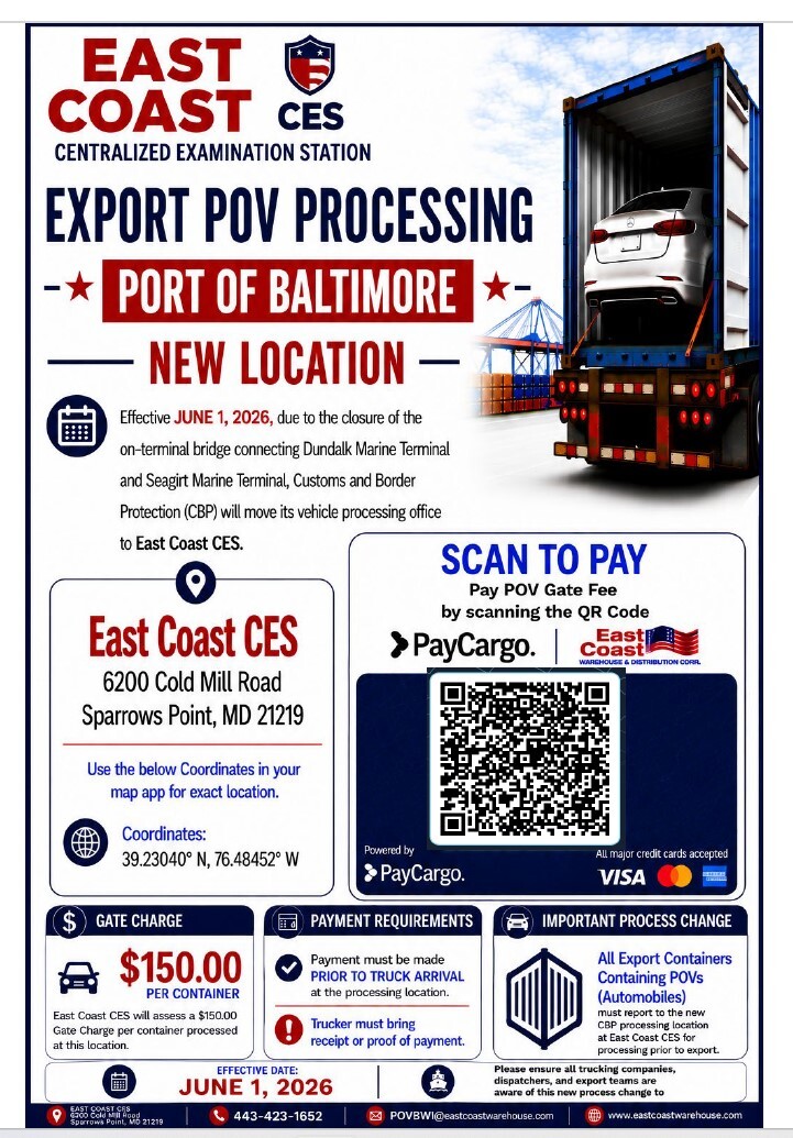 CBP Moving Vehicle Processing Office to East Coast CES