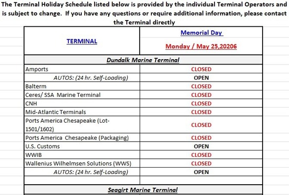 Terminal Holiday Schedule - Memorial Day 2026