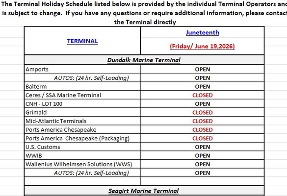 Terminal Holiday Schedule - Juneteenth Day 2026