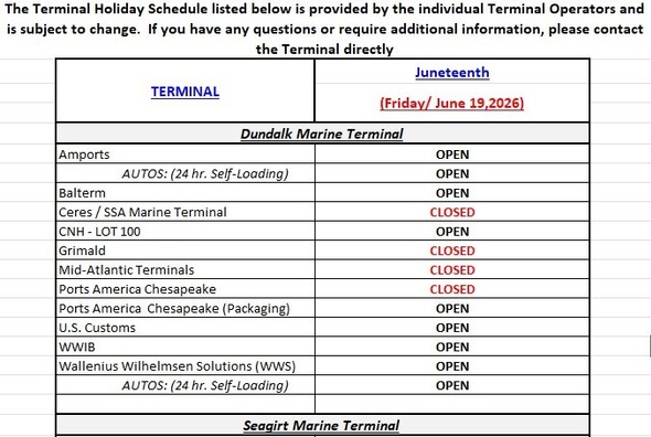 UPDATED Terminal Holiday Schedule - Juneteenth Day 2026