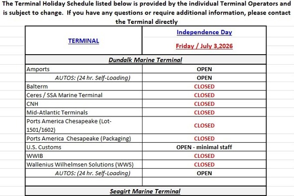 Terminal Holiday Schedule - Independence Day 2026
