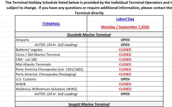Terminal Holiday Schedule - Memorial Day 2026