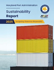 Image of the cover of the MPA Sustainability Report. Cover features three shipping containers that are red, yellow, and white. 