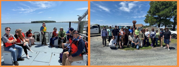 two images. Left, people on a boat with poplar island in the back. right, people standing in front of a Poplar Island sign