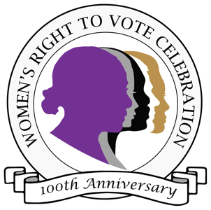 Women's Right To Vote Celebration, 100th Anniversary image with 5 silhouettes of women of different color laid on top of each other