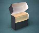 opened grey clamshell style box with folders inside