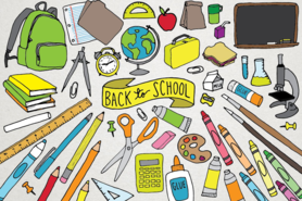 cartoon drawing of many school items and bubble letters that read, Back To School