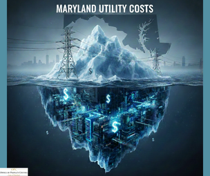 A conceptual graphic titled "MARYLAND UTILITY COSTS". It depicts an iceberg in the ocean with an outline of Maryland in the background. 