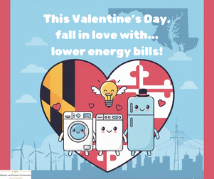 A Valentine's Day themed graphic. It features a large heart containing the Maryland state flag and three cute, cartoon household appliances.