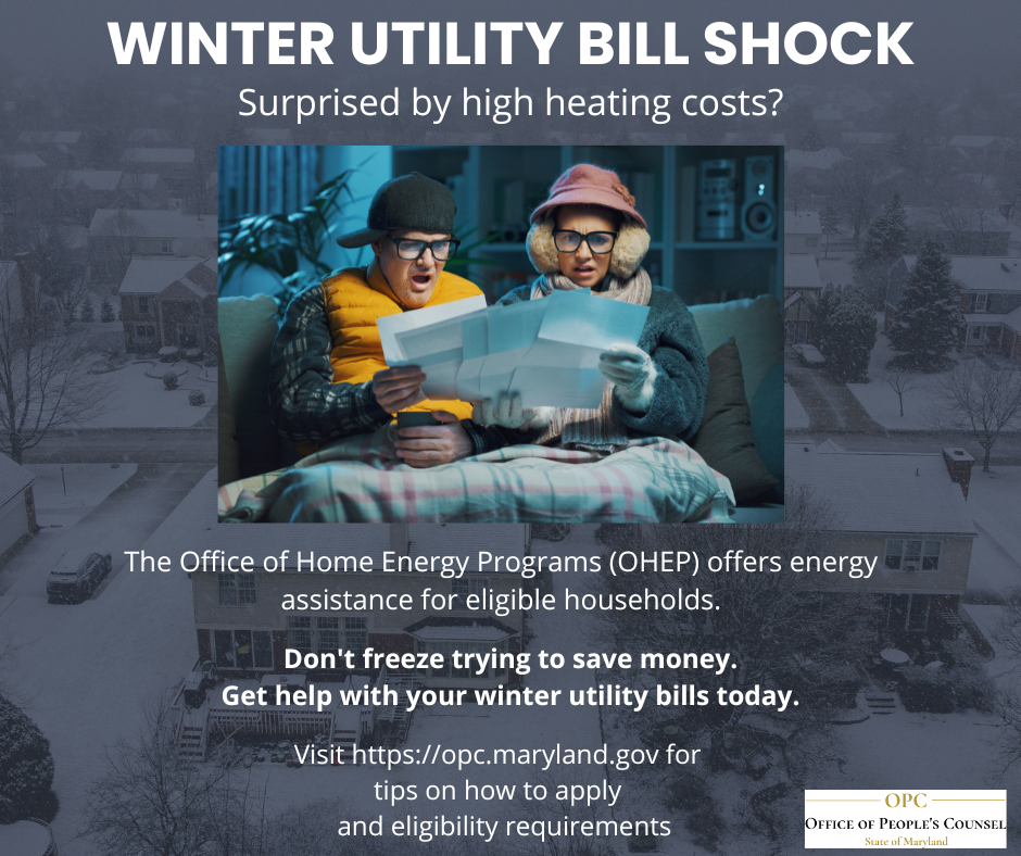2 people looking dressed in winter coats, hats and gloves looking at bills with a shocked expression. 