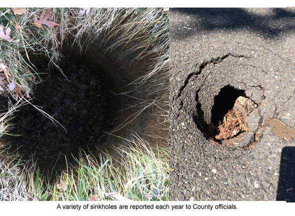 Combination photos of sinkhole in ground and another on a road
