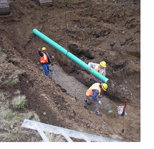 construction workers installing sewer pipe in ground