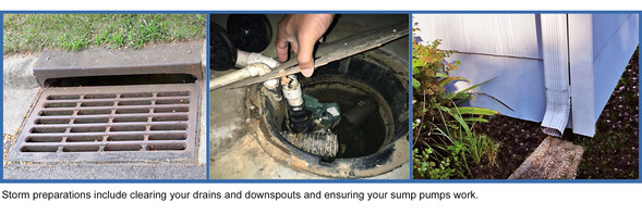 Storm preparations include clear storm drains and downspouts and make sure sump pumps work.