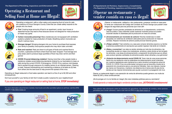 Operating a Restaurant and selling food from your home is illegal, side-by-side flyers in English and Spanish