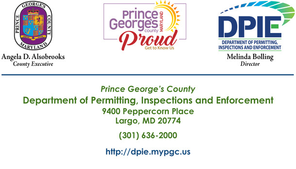 County, Prince George's Proud and DPIE logos, plus DPIE address, phone and email