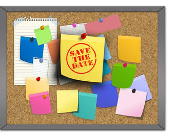 Bulletin board with Save the Date post-it reminder image