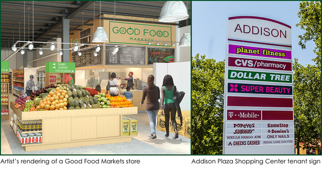 Good Food Market artist rendering and Addison Shopping Center tenant sign