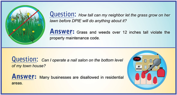 Enforcement questions with pictures of tall weeds and grass and illegal home businesses like nail salons.