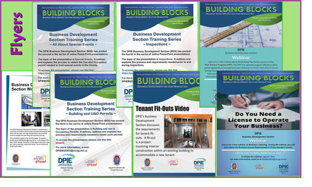 Flyers advertising BDS webinars in a variety of subjects including permits, licenses, U and O, Inspections, etc.