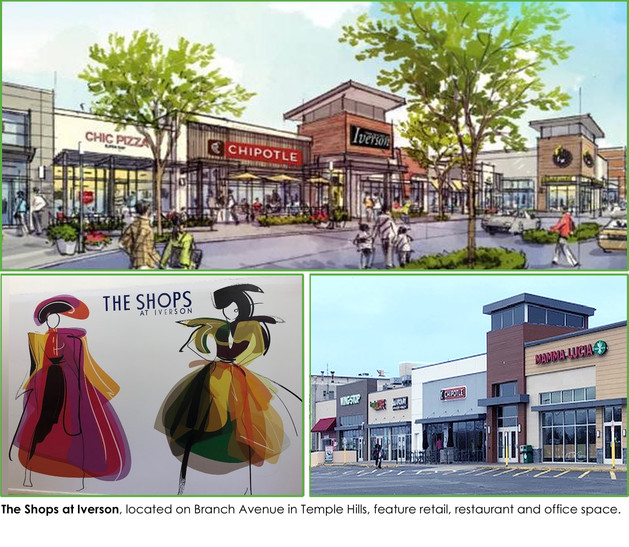 The Shops at Iverson 2 artist renderings 1 of mall and 1 of two fashion ladies; photo of mall
