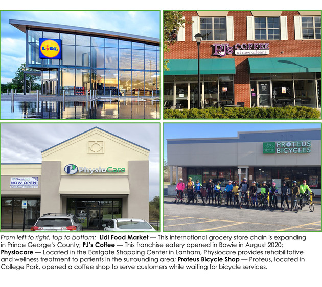 Composite of 4 photos of businesses: Lidl, PJs Coffee, Physiocare (wellness) and Proteus Bicycles