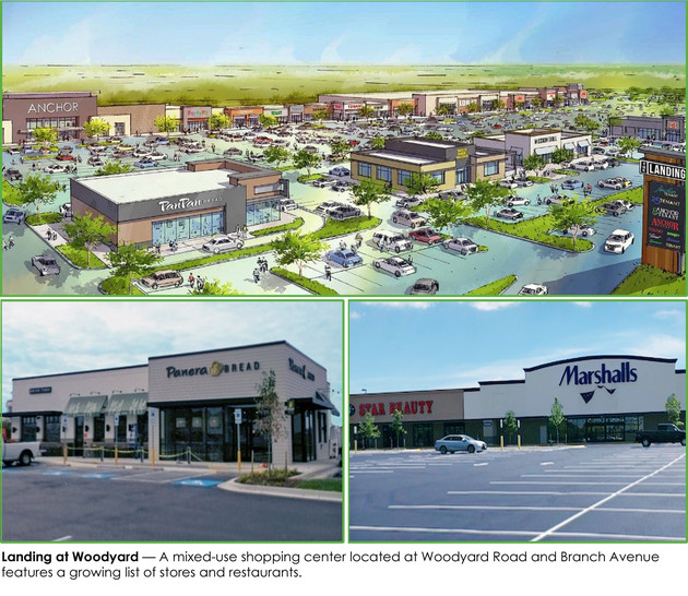 The Landing at Woodyard shopping center composite of artist rendering and photos of Panera, Star Beauty and Marshalls