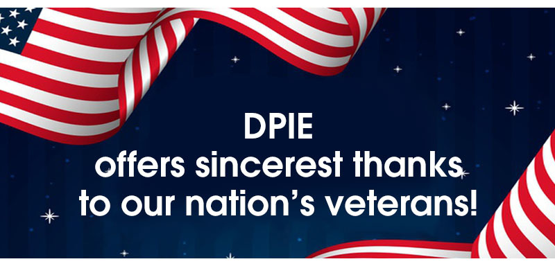 DPIE offers sincerest thanks to our nation's veterans words with flags in 2 diagonal corners