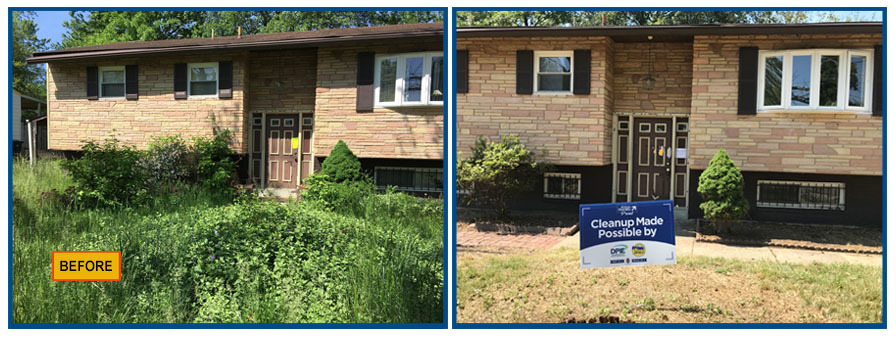 Clean It and Lien It, house in violation of code with overgrown weeds - before and after photos
