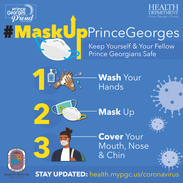 Mask Up Prince Georgians and wash your hands, photo of hand washing and a mask