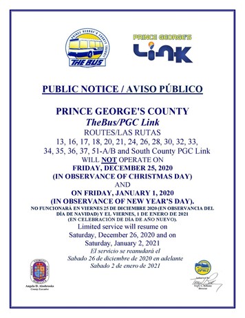 PGC The Bus and Link 2020 Winter Holiday Schedule Public Notice