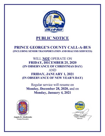 PGC Call-A-Bus 2020 Winter Holiday Schedule Public Notice