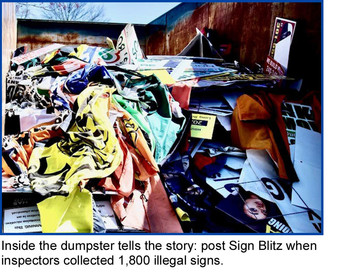 Inside the dumpster tells the story: post Sign Blitz when inspectors collected 1,800 illegal signs.
